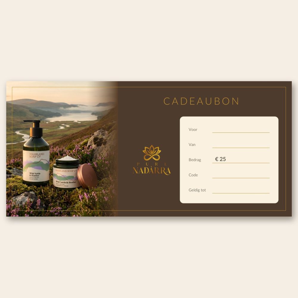 Cadeaubon Pure Nadarra Cadeaubon Pure Nadarra met Highland Soap Wild Nettle & Heather op de heide