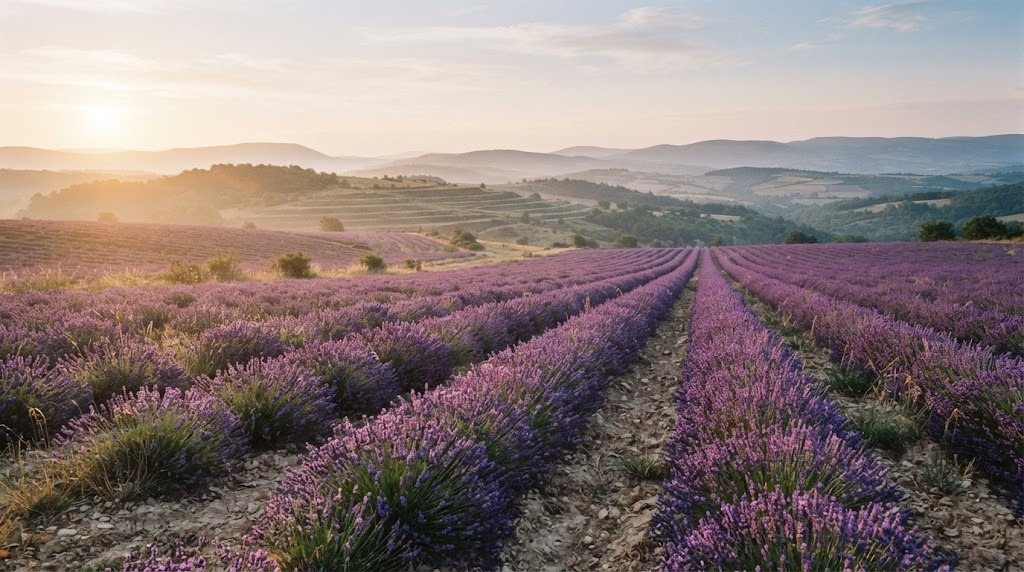 Een veld met rijen bloeiende lavendel in het zachte avondlicht