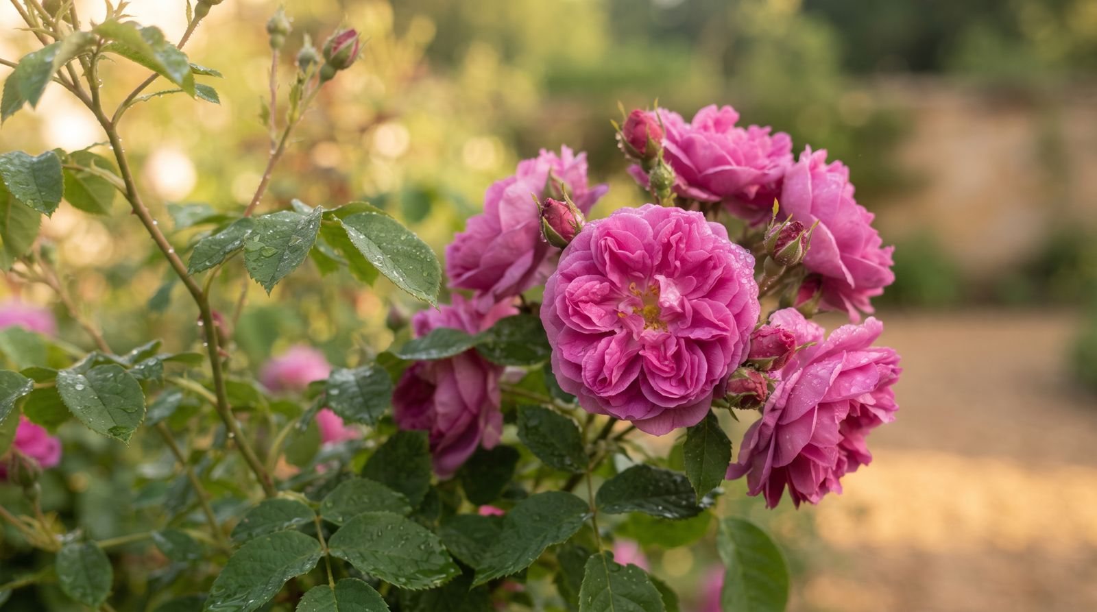 Een rozenstruik met roze bloemen in de zon